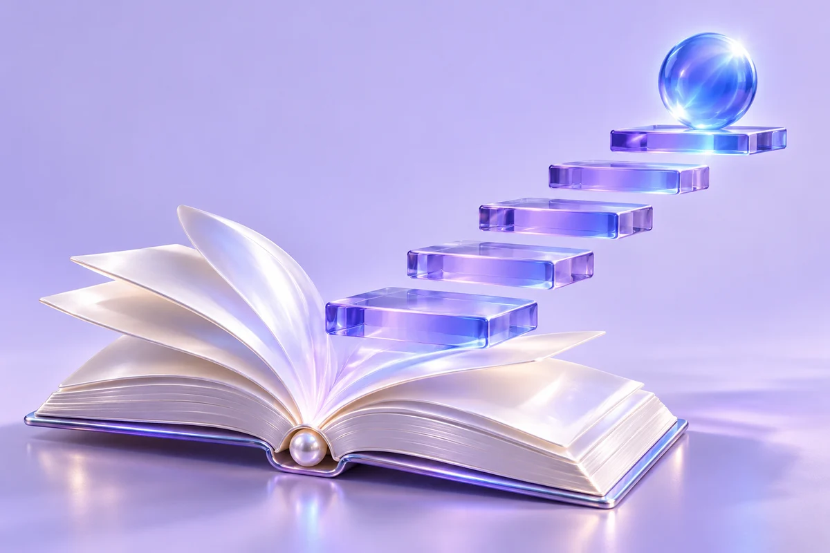 An open book becoming a path of illuminated stepping platforms